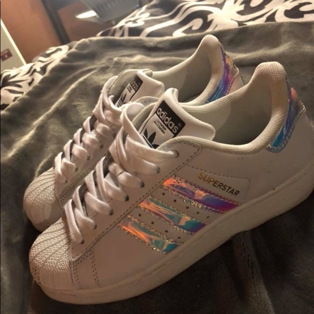Adidas superstar holographic white tennis shoes